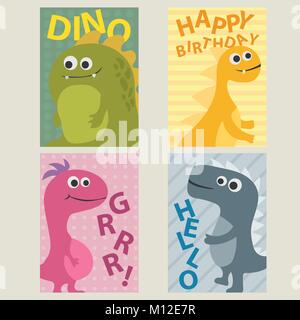 Ensemble de 4 modèles de cartes avec les dinosaures pour anniversaire, invitations, scrapbooking Illustration de Vecteur