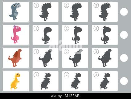 Jeu d'association avec l'ombre des dinosaures pour les enfants dessin animé Illustration de Vecteur