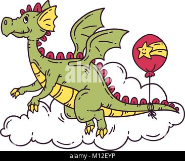 Flying Dragon avec ballon. Objets isolés sur fond blanc. Vector illustration. Illustration de Vecteur