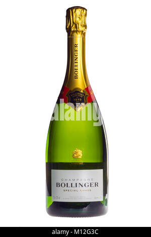 Bouteille de Champagne Bollinger, découper ou isolé sur un fond blanc. Banque D'Images