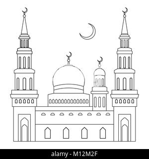 La mosquée avec les dômes et les minarets d'un croissant de lune au-dessus, télévision, style vector illustration avec une fine ligne Illustration de Vecteur