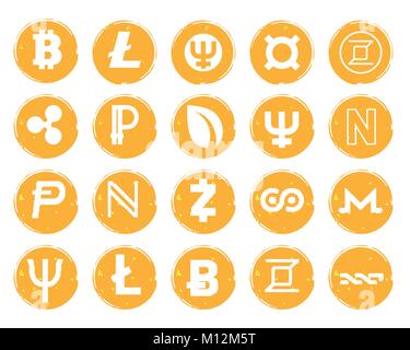 Vingt vector golden icônes avec blanc des différents symboles de devises numériques, tels que crypto Bitcoin. Illustration de Vecteur