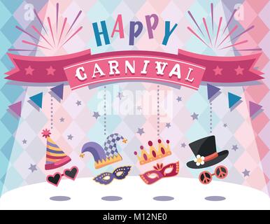 Joyeux Carnaval. Carte de voeux colorée avec des éléments festifs. Modèle plat. Vector illustration. Illustration de Vecteur