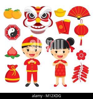 Joyeux Nouvel An chinois symboles de décoration traditionnels par les caractères et les icônes des éléments isolés sur fond blanc. Illustration de Vecteur
