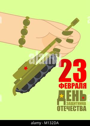 23 février. Main femme tank jouet. Cadeau traditionnel pour les hommes le Jour du Défenseur de la patrie en Russie. Texte traduction russe. 23 février. Illustration de Vecteur