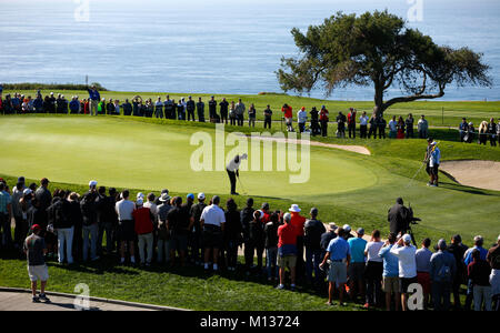 San Diego, CA, USA. 25 Jan, 2018. Tiger Woods putts sur le 5ème trou du parcours sud Torrey Pines le 25 janvier 2018. Credit : K.C. Alfred/San Diego Union-Tribune/ZUMA/Alamy Fil Live News Banque D'Images