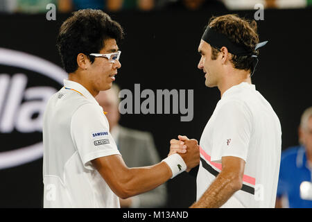 Melbourne, Australie, le 26 janvier 2018 : Southkorean tennis player Ho Chung après son match de demi-finale à l'Open d'Australie 2018 à Melbourne Park. Crédit : Frank Molter/Alamy Live News Banque D'Images