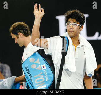 Melbourne, Australie, le 26 janvier 2018 : Southkorean tennis player Ho Chung après son match de demi-finale à l'Open d'Australie 2018 à Melbourne Park. Crédit : Frank Molter/Alamy Live News Banque D'Images