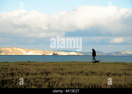 Portland, UK. 26 janvier 2018 - Un homme promène son chien autour de chilly Portland Harbour, prendre le soleil au-delà des falaises jurassiques Crédit : Stuart fretwell/Alamy Live News Banque D'Images