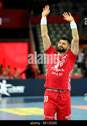 Zagreb, Croatie. 26 janvier, 2018. La Croatie Tin Kontrec grâce fans après le match de championnat de handball masculin entre la Croatie contre la République tchèque à Zagreb, Croatie, 26 janvier 2018. Credit : Monika Skolimowska/dpa-Zentralbild/dpa/Alamy Live News Banque D'Images