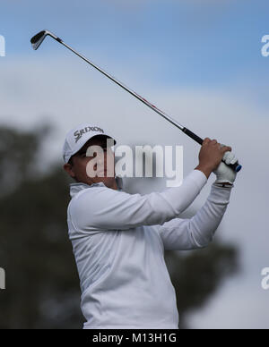 25 janvier 2018 San Diego, USA...Tyler Torano sur 8e boîte de pièce en t au cours de l'ouverture d'année sur parcours nord des agriculteurs à l'Open de golf de Torrey Pines à San Diego, CA, le 25 janvier 2018. Jevone Moore Banque D'Images