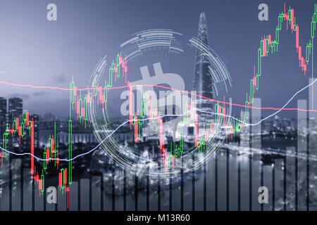 L'échange commercial des bitcoins en bourse, investissement, forex tendance graphique, avec des prix et des bougies stick 3D illustration d'un stock de monnaie crypto Banque D'Images