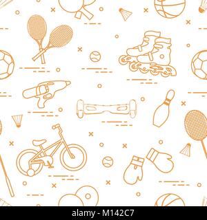 Modèle avec Vélo, rollers, gyroscooter, gants de boxe, pistolet à eau, et des marchandises pour bowling, tennis de table, tennis, badminton, football, basket-ball. Illustration de Vecteur