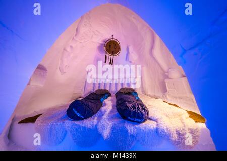 France, Savoie, Tarentaise, massif de la Vanoise, station de ski des Arcs 2000, la chambre de trappeur, dans le village d'igloo sculpture gallery, pendant la saison d'hiver 2017-2018 Banque D'Images