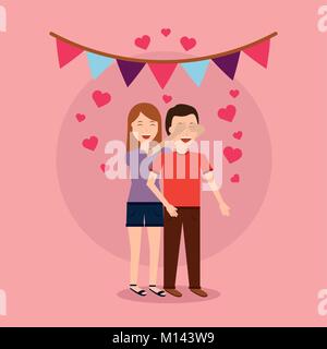 Cute femme homme d'amour surprise donnant coeur romantique garland Illustration de Vecteur