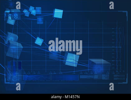 Un concept montrant un réseau de blocs de données interconnectées représentant une blockchain cryptocurrency recouverte d'un écran interface analyse technique Banque D'Images