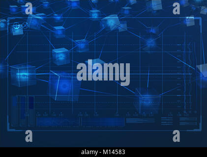 Un concept montrant un réseau de blocs de données interconnectées représentant une blockchain cryptocurrency recouverte d'un écran interface analyse technique Banque D'Images