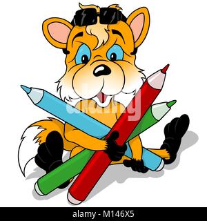 Sitting Fox Holding Coloured Pencils Illustration de Vecteur