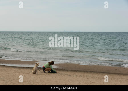 Une jeune femme et son chien s'organiser sur le côté sud du lac Michigan, à l'Indiana Dunes National Lakeshore et parc d'État. Banque D'Images