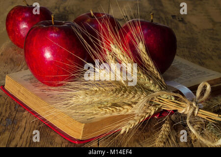 Les pommes par des épillets de seigle sur le livre sur un fond en bois. faible profondeur de champ Banque D'Images