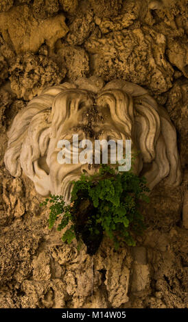 Ancienne cité romaine la sculpture sur pierre - envahi par la culture d'espèces végétales au moyen d'une sculpture en pierre dans le mur face au jardin de Boboli. L'eau qui s'écoule de la fontaine. Banque D'Images