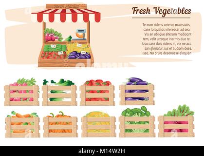 Vue avant avec support en bois du marché alimentaire de la ferme et les légumes en boîte ouverte, vecteur de poids et étiquettes de prix avec place pour votre texte illustration sur whi Illustration de Vecteur