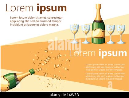 Bouteille de champagne dans d'explosion et d'aluminium coulé dans des verres vector illustration isolé sur fond blanc et jaune avec place pour votre texte w Illustration de Vecteur