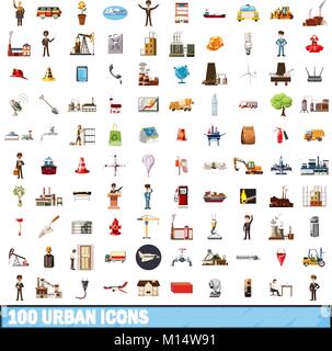 100 icônes urbaines, définir le style cartoon Illustration de Vecteur