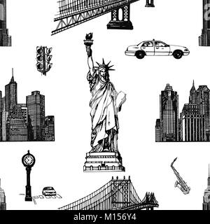 Profil de transparente esquisse dessinée à la main sur le thème de style New York objets isolés. Vector illustration. Illustration de Vecteur