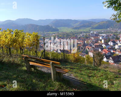 Belle et romantique vue de l'automne de Gengenbach dans la région de la Forêt-Noire du haut de la colline avec vue sur la vieille ville, banc, vignobles Banque D'Images