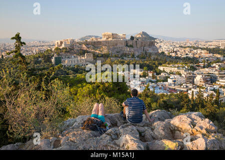 Vue de l'acropole de Philopappos Hill, Athènes, Grèce, Europe Banque D'Images