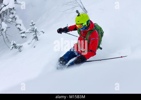 Freerider ski de poudreuse sur fond de forêt et montagnes. Banque D'Images