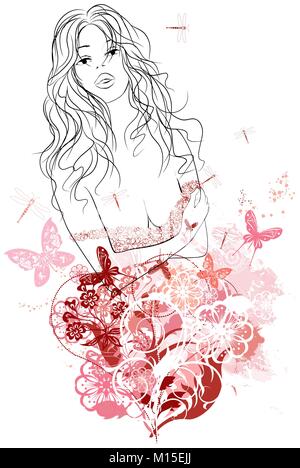 Vector illustration of a woman portrait in grunge floral background Illustration de Vecteur