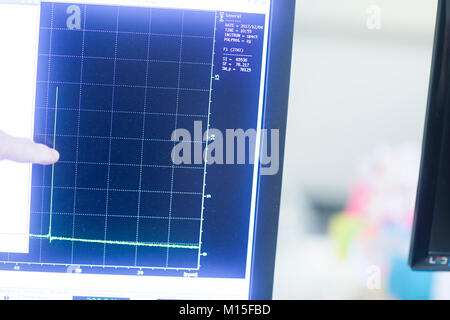 Chemist looking at RMN (spectroscopie par résonance magnétique nucléaire) résultats à l'écran dans un laboratoire pharmaceutique. Banque D'Images