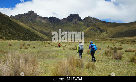 Groupe de randonneurs marchant au milieu de la vallée en direction de l'intérieur du volcan Ruminahui Parc National Cotopaxi - Equateur Banque D'Images