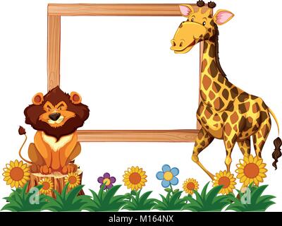 Cadre en bois avec girafe et lion illustration Illustration de Vecteur