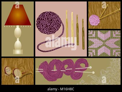 Ensemble tricot à l'aiguille, une lampe lunettes sur table en bois Illustration de Vecteur