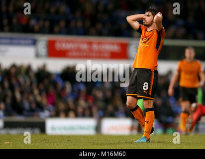 Wolverhampton Wanderers' Ruben Neves après une occasion manquée lors de la Sky Bet Championship match à Portman Road, Ipswich. Banque D'Images