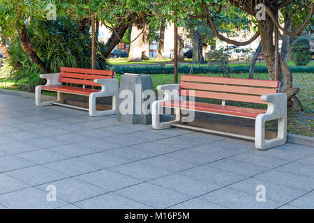 Parc de la ville ou de la rue avec des arbres verts et de tuiles - deux bancs soignée faite de béton et de bois, entre la poubelle. Copie vide de l'espace pour le texte. Banque D'Images