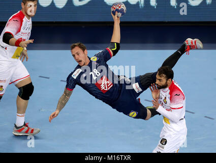 Zagreb, Croatie. 26 janvier, 2018. Valentin porte(C) de la France au cours de l'Euro 2018 pousses EHF handball match de demi-finale entre la France et l'Espagne à Zagreb, Croatie, le 26 janvier 2018. L'Espagne a gagné par 27-23 . Crédit : Igor Kralj/Xinhua/Alamy Live News Banque D'Images