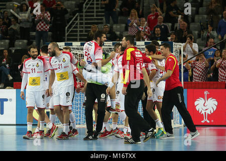 Zagreb, Croatie. 26 janvier, 2018. Les joueurs de l'Espagne célébrer après avoir remporté l'Euro de handball EHF 2018 demi-finale entre la France et l'Espagne à Zagreb, Croatie, le 26 janvier 2018. L'Espagne a gagné par 27-23. Credit : Dalibor Urukalovic/Xinhua/Alamy Live News Banque D'Images