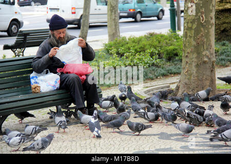 Lisbonne, Portugal.Vers avril 2014.Homme sans abri partageant son repas avec des oiseaux.Photo prise sur la route Rua da Liberdade à Lisbonne Portugal Banque D'Images