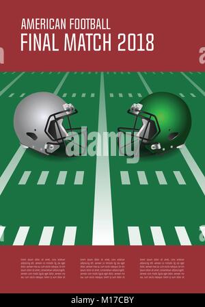 Le football américain match final concept de l'affiche. L'argent, casques verts et de football sur terrain arrière-plan. Vector Illustration. Illustration de Vecteur