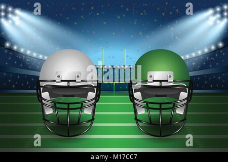 Le football américain match final concept. L'argent et casques verts sur domaine de stade avec des projecteurs arrière-plan. Vector Illustration. Illustration de Vecteur