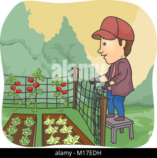 L'illustration comprend un agriculteur l'érection d'une clôture autour de son potager Banque D'Images