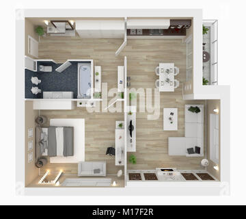 Plan d'étage d'une maison Vue de dessus 3D illustration. Concept living ouvert mise en page appartement Banque D'Images