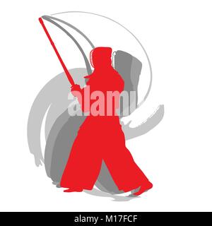 Chasseur de Kendo shinai avec silhouette rouge isolé sur fond blanc concept abstrait Illustration de Vecteur