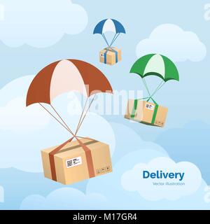 Service de livraison. Les paquets sont battant sur les parachutes. Colis dans le ciel. Télévision vector illustration Illustration de Vecteur