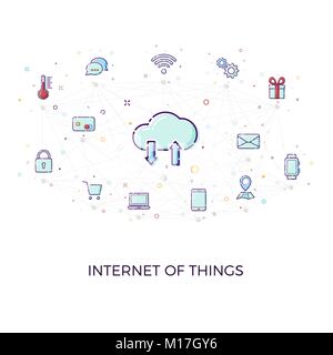 Concept Internet des objets. Cloud network concept pour des appareils intelligents connectés. Vector illustration d'Ito et les connexions réseau d'icônes sur white backg Illustration de Vecteur