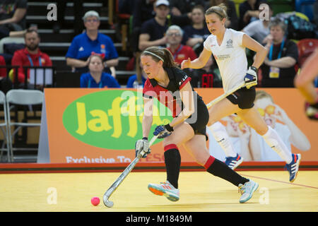 Women's Jaffa Super 6s finales à la boîte de cuivre Arena. La finale des femmes : Bowdon 2 Leicester 1 Banque D'Images